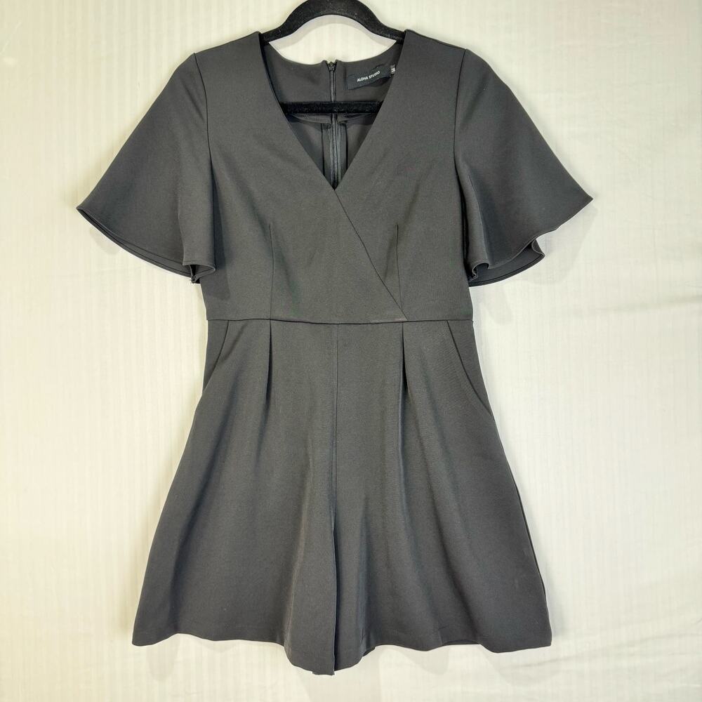 Aloha Studio Black V-Neck Romper Medium Flutter Sleeves Hand Pockets Back Zip